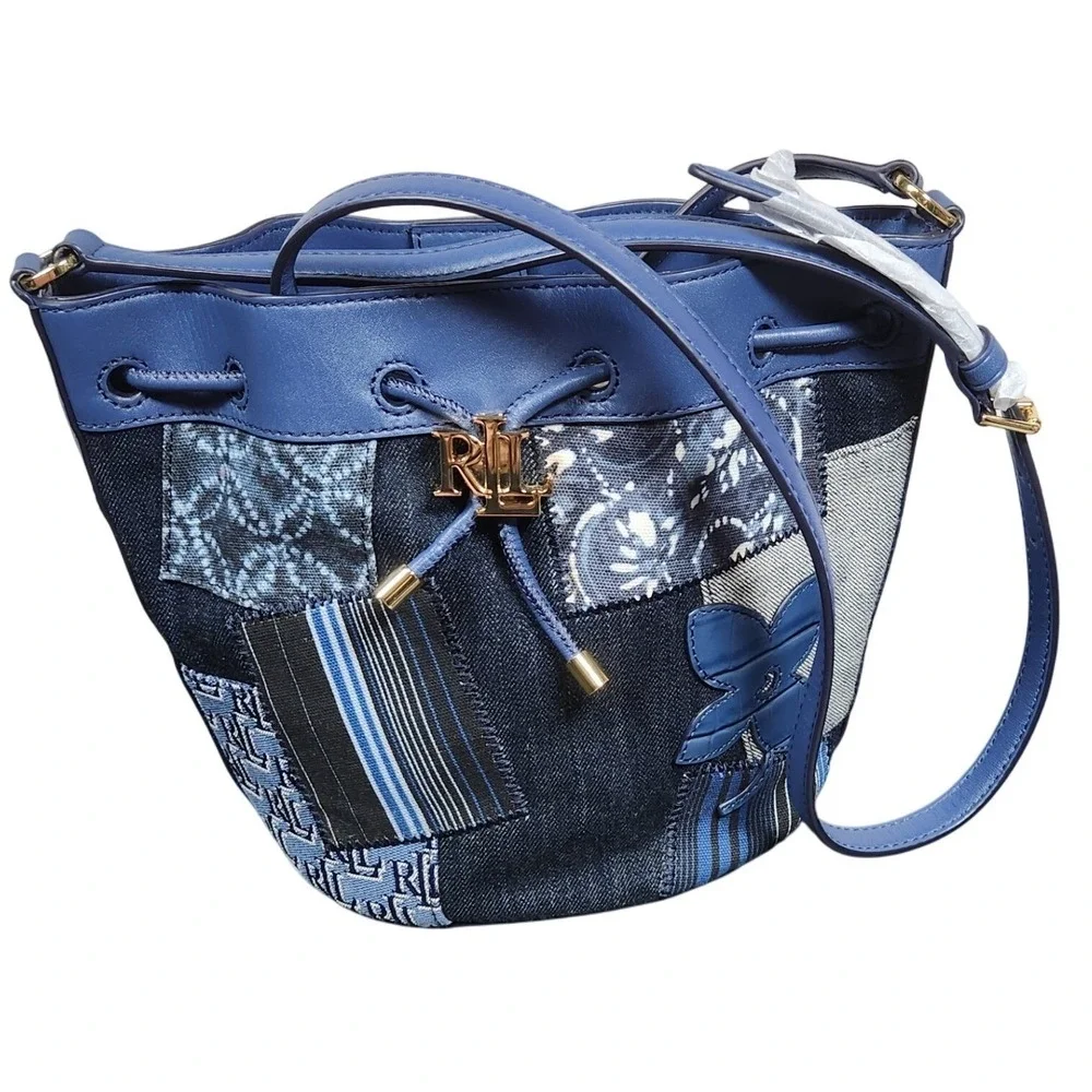 Lauren Ralph Lauren Denim Patchwork Andie Butterfly Bucket Bag Blue Gold NW $295